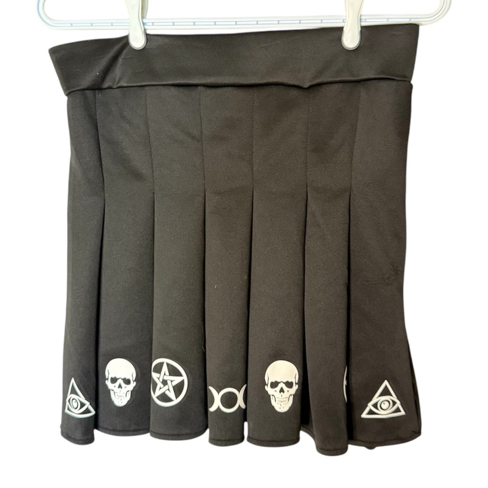 BODY RAGE Black Pleated Mini Skirt Occult Mystic Goth Skulls Festival Sz Large - Picture 3 of 12